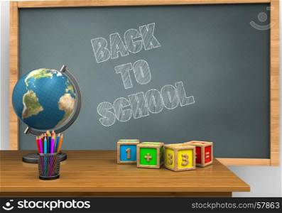 3d illustration of chalkboard with back to school text and math cubes. 3d desktop