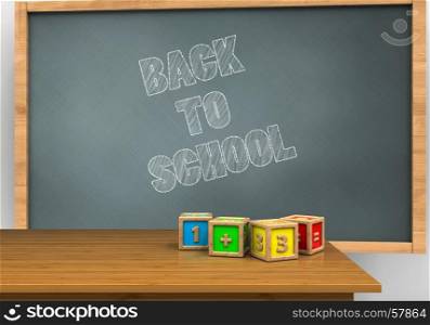 3d illustration of chalkboard with back to school text and math cubes. 3d back to school