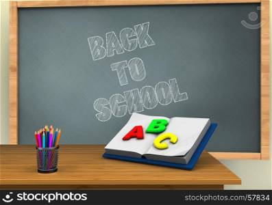 3d illustration of chalkboard with back to school text and opened textbook. 3d blank