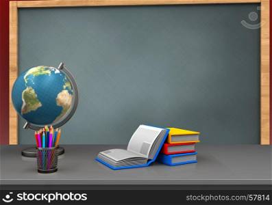 3d illustration of chalkboard with books and globe. 3d globe