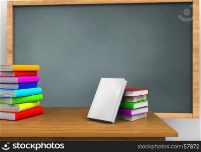 3d illustration of chalkboard with books stack and pile of literature. 3d pile of literature