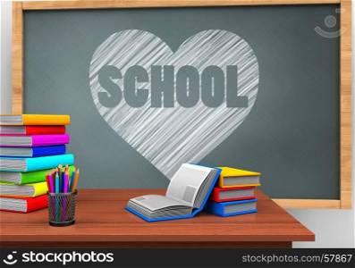 3d illustration of chalkboard with heart and school text and books. 3d chalkboard