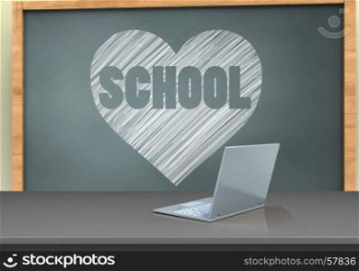 3d illustration of chalkboard with heart and school text and laptop computer. 3d blank