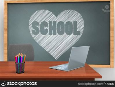 3d illustration of chalkboard with heart and school text and laptop computer. 3d desk