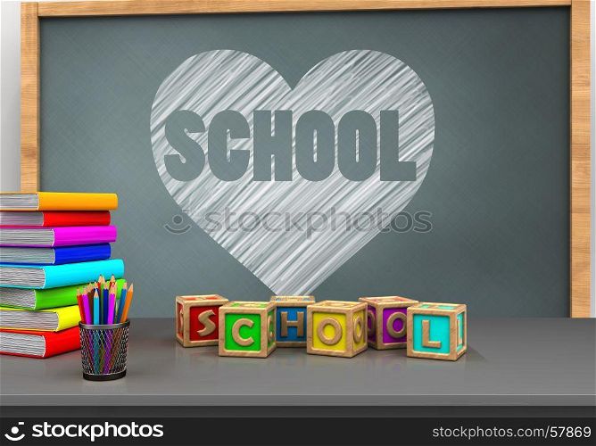 3d illustration of chalkboard with heart and school text and letters cubes. 3d heart and school