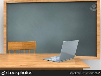 3d illustration of chalkboard with laptop computer and. 3d blank