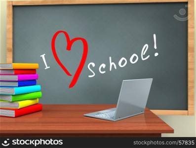 3d illustration of chalkboard with love school text and laptop computer. 3d teacher desk