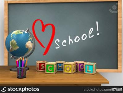 3d illustration of chalkboard with love school text and letters cubes. 3d desktop