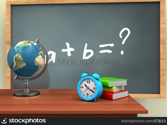3d illustration of chalkboard with math exercise text and alarm clock. 3d math exercise