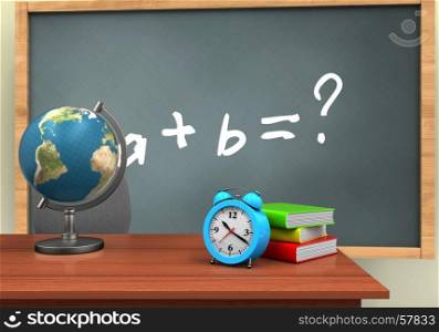 3d illustration of chalkboard with math exercise text and alarm clock. 3d math exercise