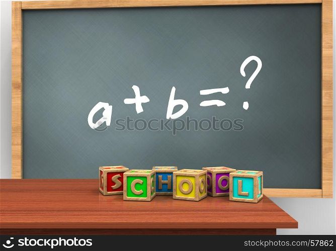 3d illustration of chalkboard with math exercise text and letters cubes. 3d math exercise