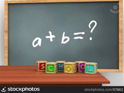 3d illustration of chalkboard with math exercise text and letters cubes. 3d math exercise
