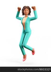 3D illustration of cheerful african american woman jumping celebrating success. Cartoon winning happy elegant businesswoman in green suit with her hands in the air, isolated on white background.