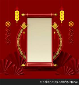 3d illustration of Chinese new year banner with Chinese scripture, hanging cracker and coin