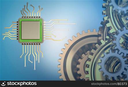 3d illustration of chip over blue background with gears system. 3d blank