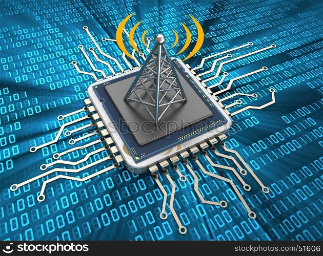 3d illustration of chip with antenna and radio waves