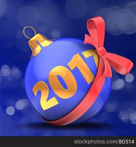 3d illustration of Christmas ball blue over bokeh blue background with 2017 year sign and red bow