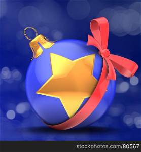 3d illustration of Christmas ball blue over bokeh blue background with golden star and red bow
