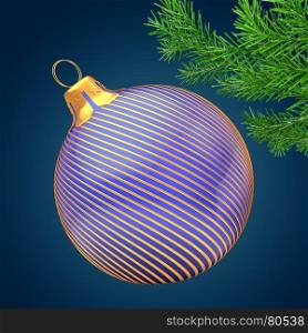 3d illustration of Christmas ball blue over dark blue background with golden lines and christmas tree branch