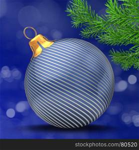3d illustration of Christmas ball dark blue over bokeh blue background with silver lines and christmas tree branch