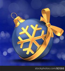 3d illustration of Christmas ball dark blue over bokeh blue background with golden snowflake and golden ribbon