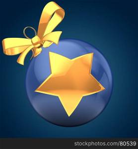 3d illustration of Christmas ball dark blue over dark blue background with golden star and yellow ribbon