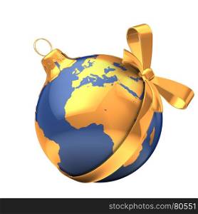 3d illustration of Christmas ball dark blue over white background with earth map and golden ribbon