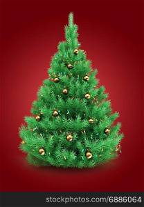 3d illustration of Christmas tree over red background with lights and golden balls