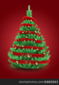 3d illustration of Christmas tree over red background with red tinsel and golden balls