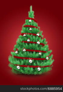 3d illustration of Christmas tree over red background with red tinsel and metallic balls