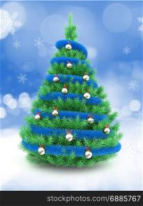3d illustration of Christmas tree over snow background with blue tinslel and metallic balls