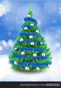 3d illustration of Christmas tree over snow background with blue tinslel and silver balls