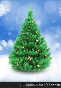 3d illustration of Christmas tree over snow background with golden balls