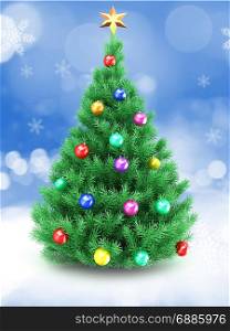 3d illustration of Christmas tree over snow background with golden star and colorful balls