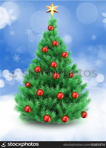 3d illustration of Christmas tree over snow background with golden star and red balls