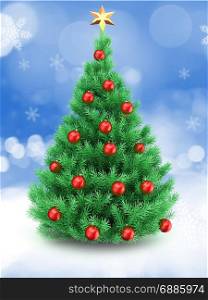 3d illustration of Christmas tree over snow background with golden star and red balls