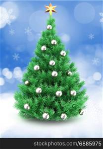 3d illustration of Christmas tree over snow background with golden star and silver balls