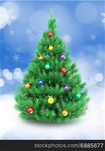3d illustration of Christmas tree over snow background with lights and glass balls