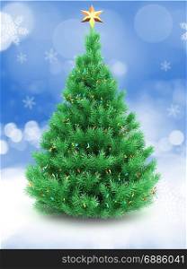 3d illustration of Christmas tree over snow background with lights and golden star
