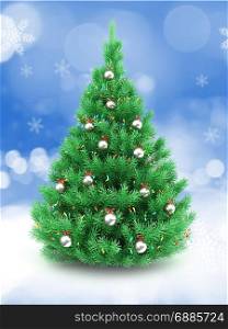 3d illustration of Christmas tree over snow background with lights and metallic balls