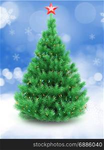 3d illustration of Christmas tree over snow background with lights and red star