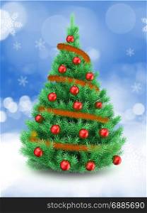 3d illustration of Christmas tree over snow background with orange tinsel and red balls