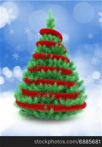 3d illustration of Christmas tree over snow background with red tinsel