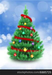 3d illustration of Christmas tree over snow background with red tinsel and glass balls