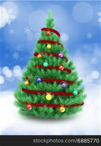 3d illustration of Christmas tree over snow background with red tinsel and glass balls