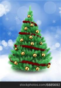 3d illustration of Christmas tree over snow background with red tinsel and golden balls