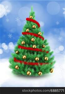 3d illustration of Christmas tree over snow background with red tinsel and golden balls
