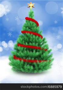 3d illustration of Christmas tree over snow background with red tinsel and golden star