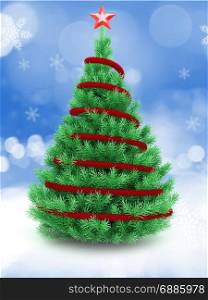 3d illustration of Christmas tree over snow background with red tinsel and red star