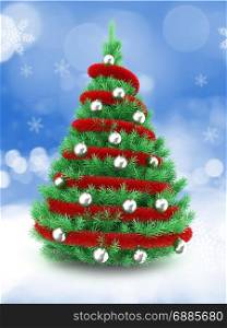 3d illustration of Christmas tree over snow background with red tinsel and silver balls